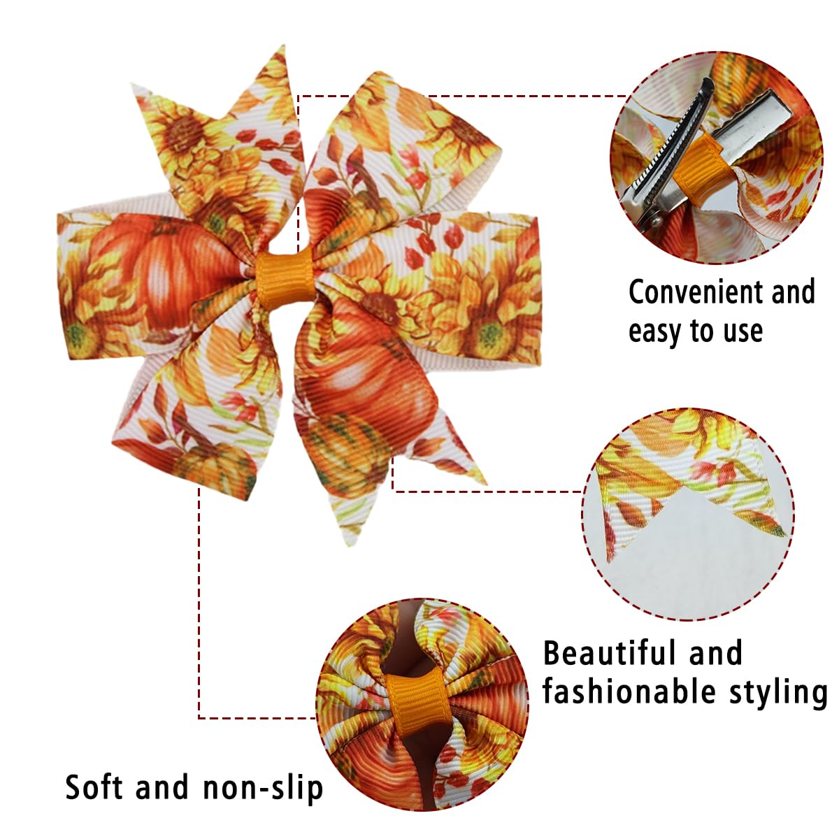 6Pcs Autumn Hair Clip Fall Thanksgiving Hair Bow Clips with Maple Leaf Pumpkin Deisgn for Girls Baby Hair Accessories Fall Hair Clips Alligator Clip Non-slip Fall Thanksgiving Gift for Hair