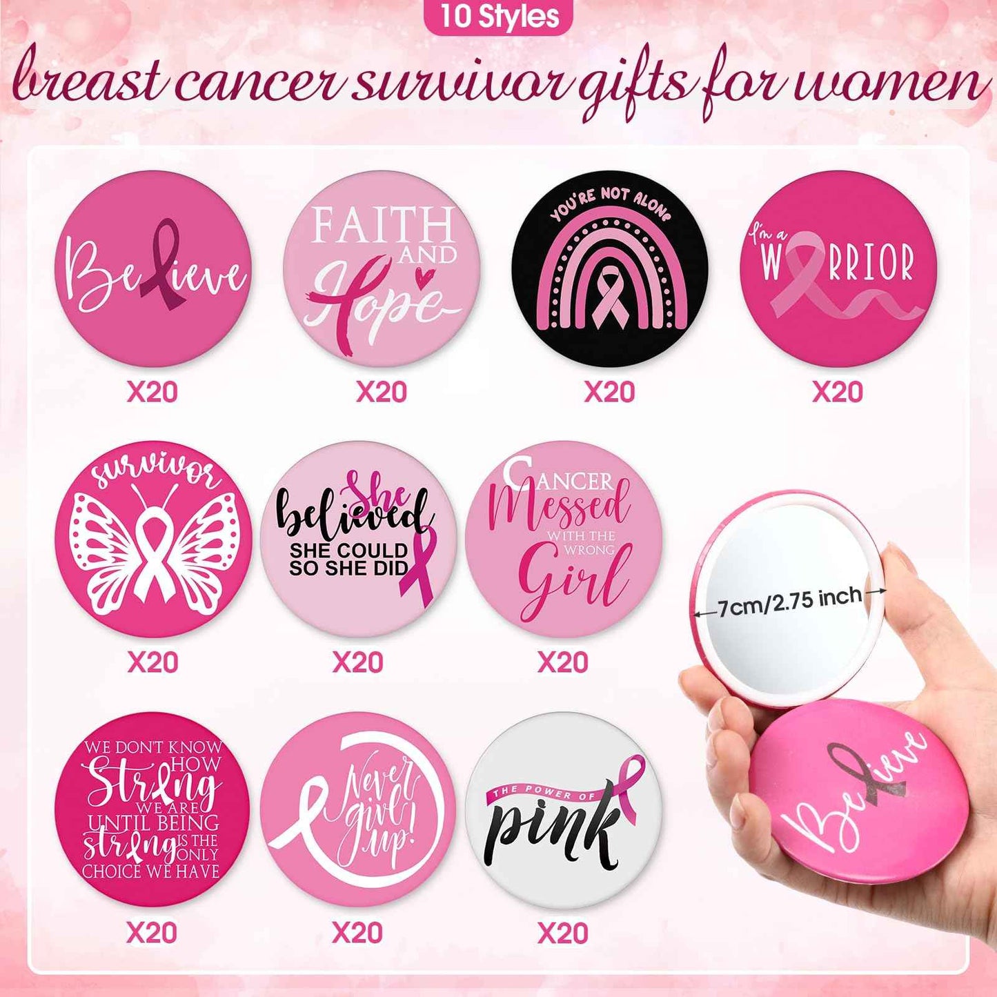 Wonderjune 200 Pcs Breast Cancer Awareness Gifts Pocket Mirror Bulk Portable Travel Mirrors Pink Ribbon Breast Survivor Compact Mirror for Charity Women Public School Events Supplies (Inspirational)
