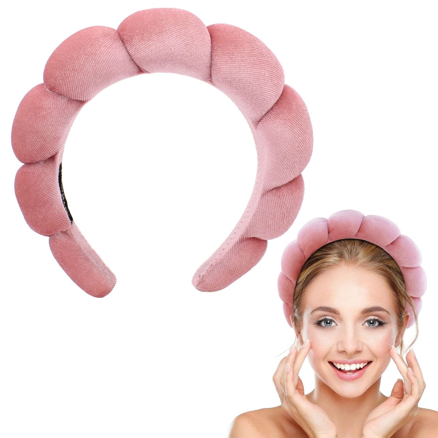 BEGOOD Spa Headband for Washing Face Skincare Headbands Sponge Makeup Headband Terry Towel Cloth Hairband Bubble Head Band Puffy Headwear Hair Accessory (Pink)