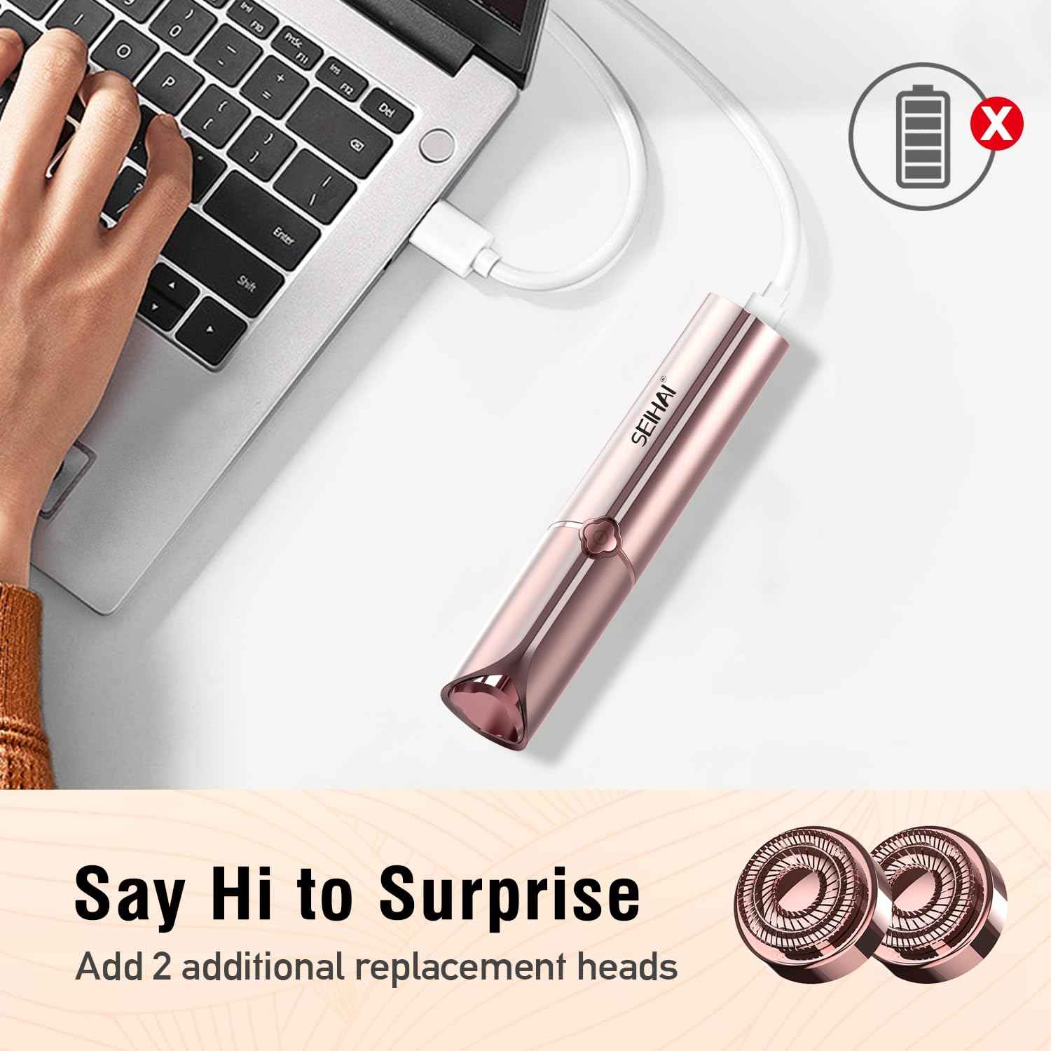 Facial Hair Removal for Women, Electric Painless Rechargeable Facial Hair Remover for Face, Lip, Chin with 2 Replacement Heads