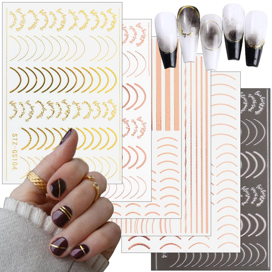 French Tip Nail Stickers for Nail Art Gold Line Nail Art Stickers 3D Self-Adhesive Rose Gold Silver Letter Nail Decals for Women Nail Design Decoration Accessories 6 Sheets