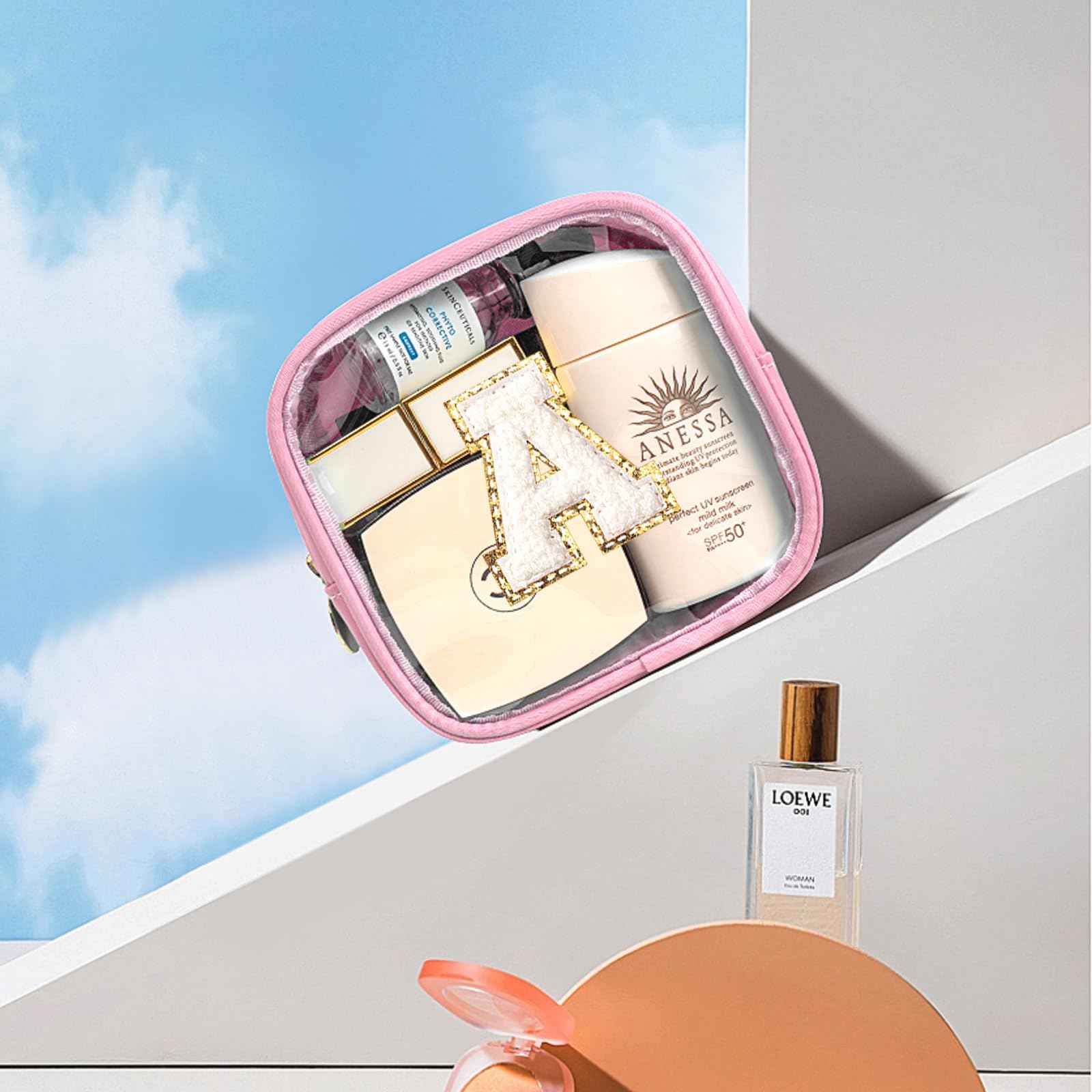 Initial Mini Makeup Bag | Make Up Bag Travel Toiletry Bag | Clear Makeup Bag | Preppy Cosmetic Bags Organizer Travel Essentials Gifts for Women Girlfriend Teacher Brithday Gifts Pink (Pink, A)