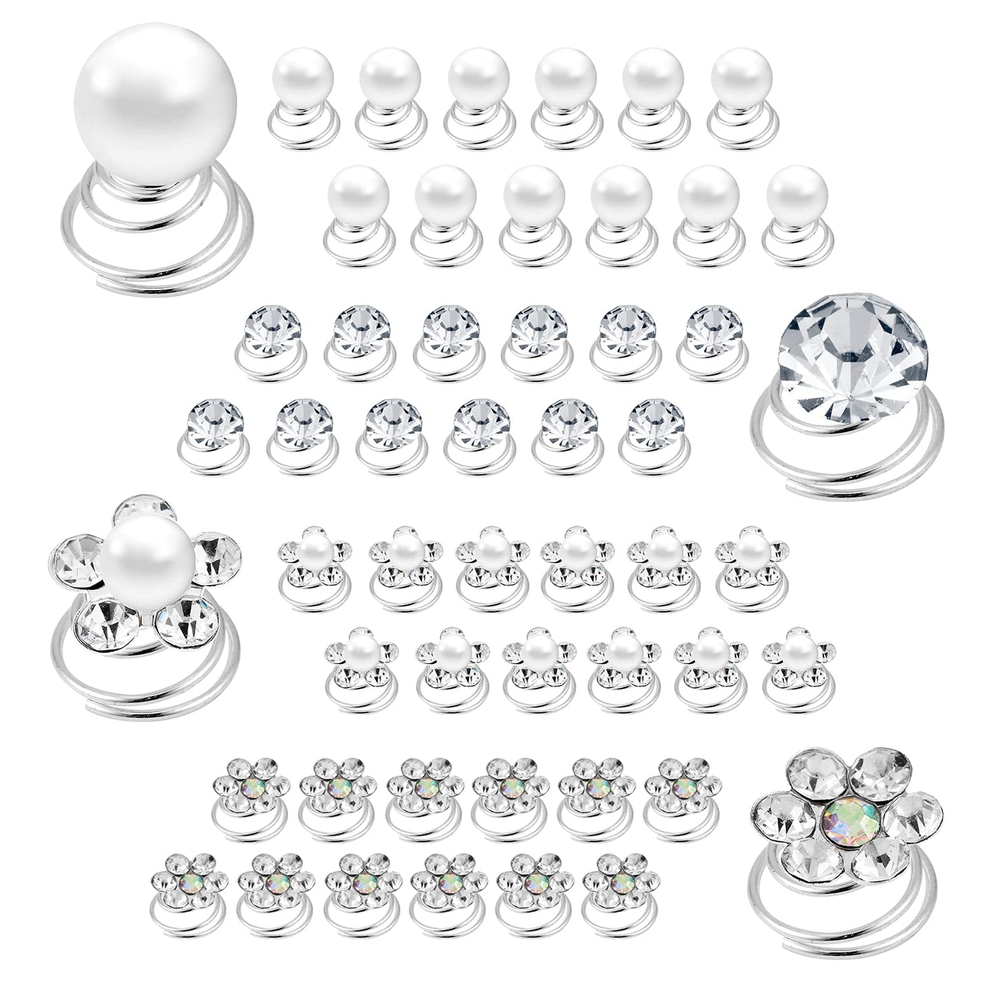 QIUTIMIY (48 Pcs,4 Styles) Pearl,Rhinestone Crystal Twisters Spiral Set Hair Pin Silver Coil for Wedding, Bridal, Prom, Party and Special Occasion with Clear Container