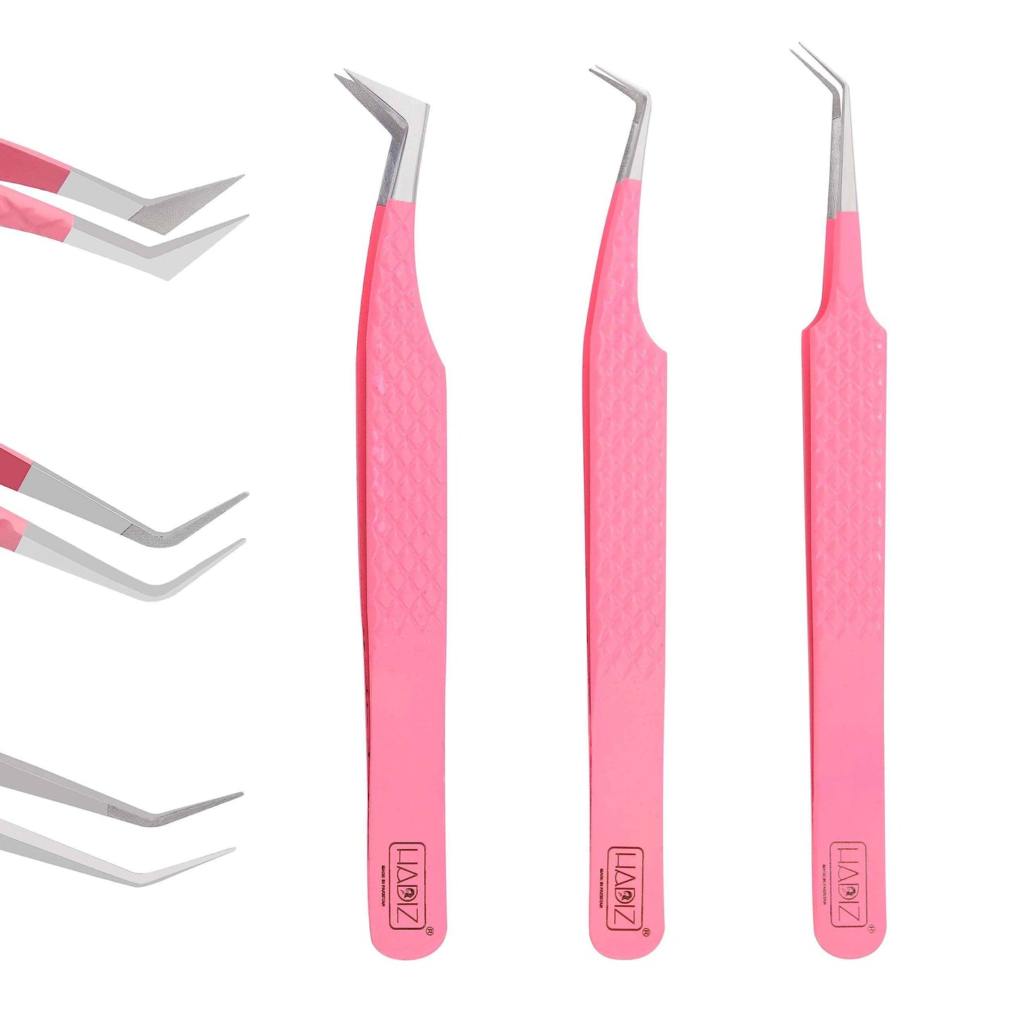 Hadiz Fiber Tip Volume Lash Tweezers Eyelash Extensions Volume Mega Volume 45 and 90 Degree Tweezers(Pack of 3, PINK)