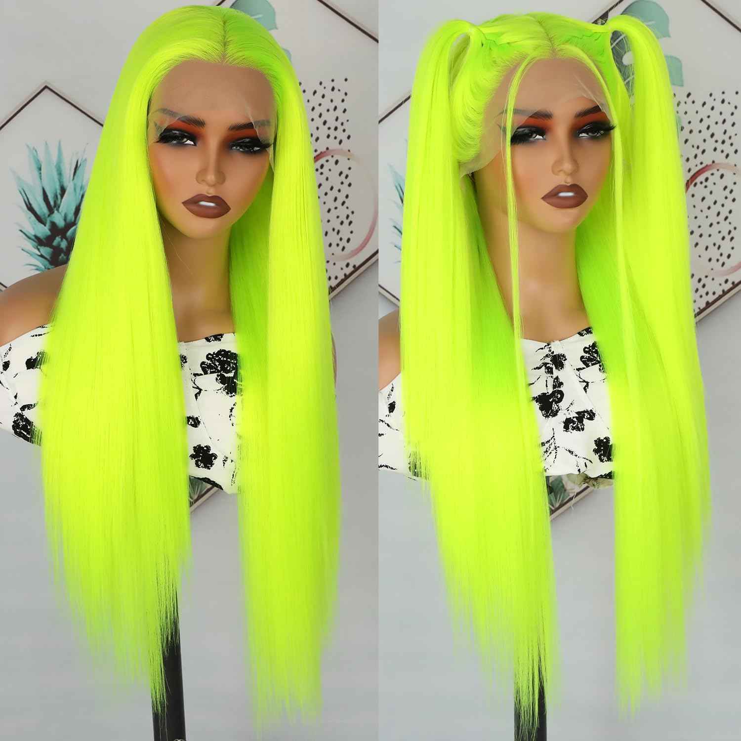 Lezaxiu Fluorescent Green Lace Front Wig Long Straight Hair Neon Green Wig Heat Resistant Fiber Hair Synthetic Lace Front Wigs for Fashion Women 24 Inch