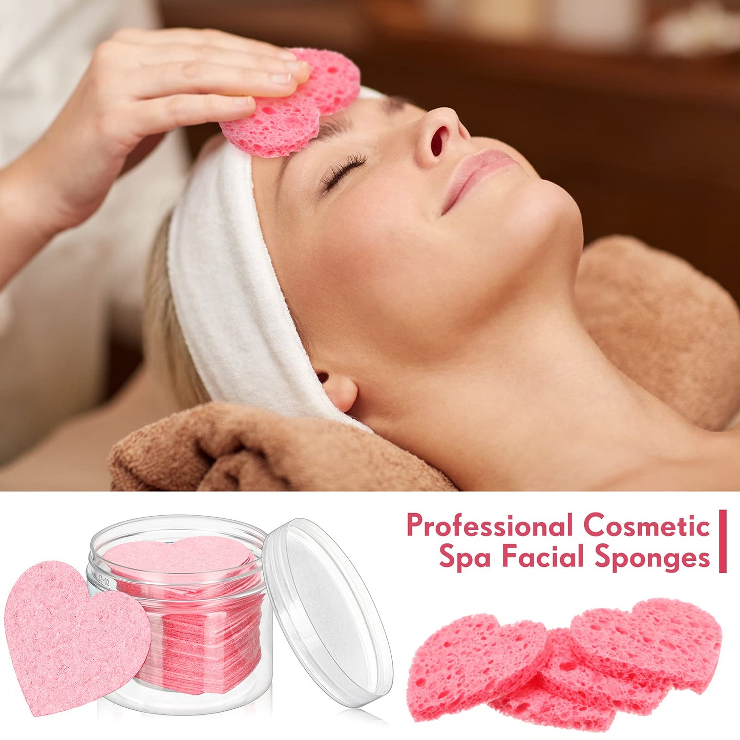 60 Pieces Facial Sponges with Container, Heart Shape Compressed Face Sponge Natural Sponge Pads for Washing Face Cleansing Exfoliating Esthetician Makeup Removal (Pink)