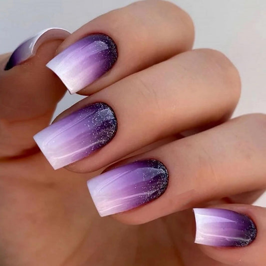 MERVF Square Press on Nails Medium Fake Nails Press ons White Purple Ombre French Tip Glue on Nails Squoval Acrylic False Nails with Glitter Design Glossy 24pcs