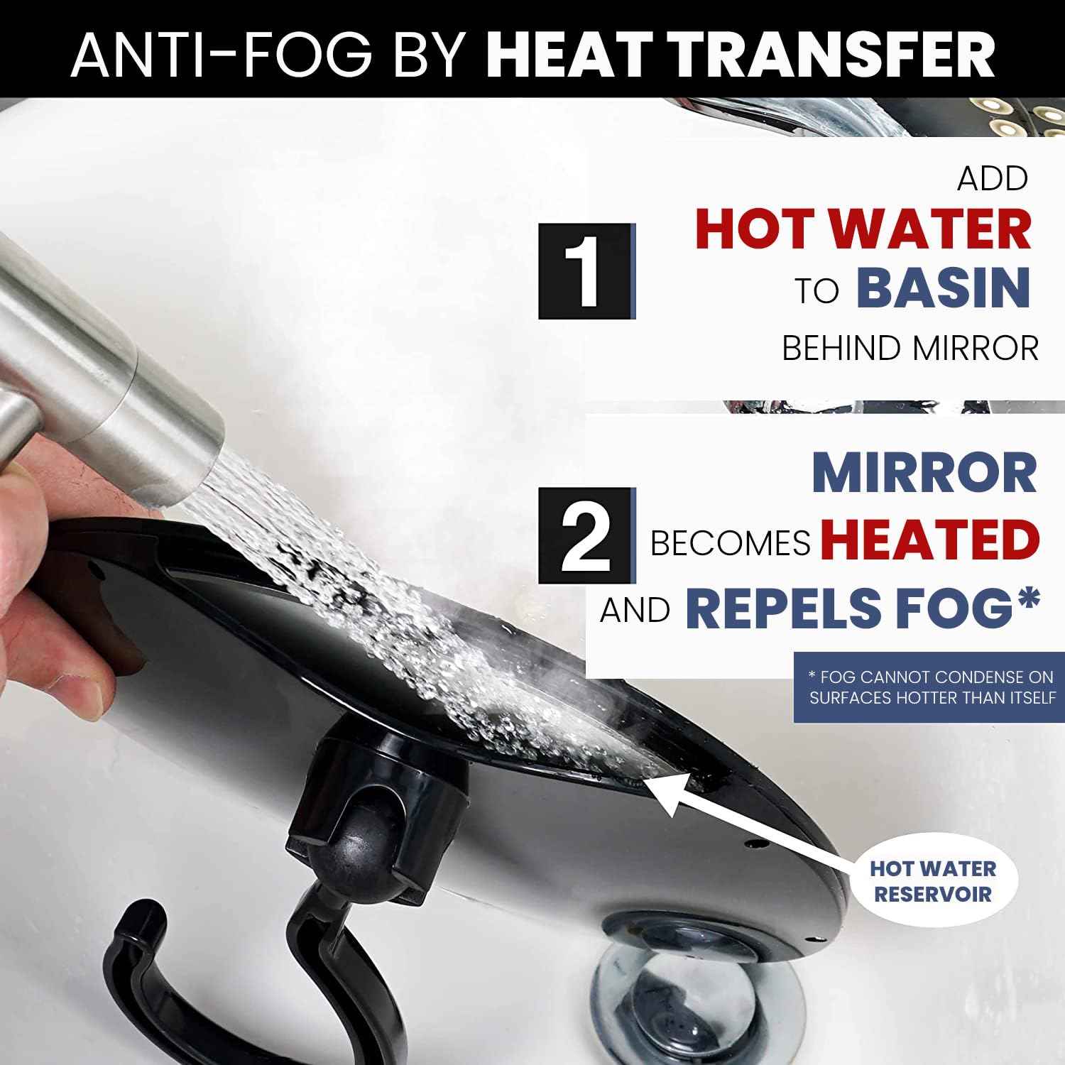 MIRRORVANA Dual Anti Fog Shower Mirror for Shaving with Hook for Hanging and Fogless Shatterproof Surface - Fill Back Chamber/Reservoir with Hot Water for Fog Free Shave (8" Diameter, Black)