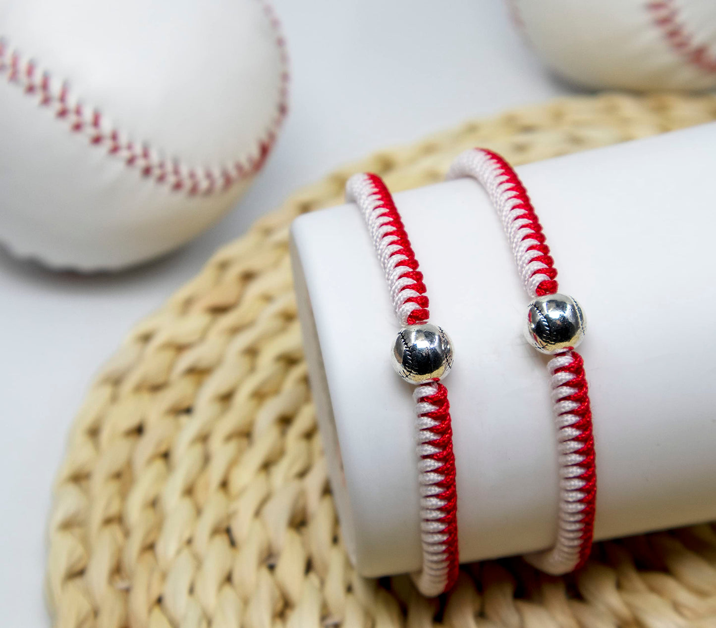 Handmade Braided Bracelets Baseball Gifts for Boys Adjustable Wristbands with Baseball Beads, Inspirational Baseball Bracelets for Girls Teens Adults (Red 2PCS)