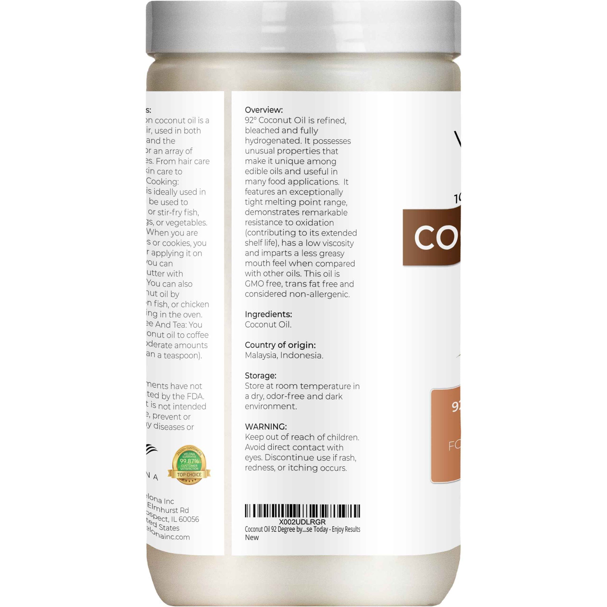 velona Coconut Oil 92 Degree 64 fl oz | 100% Pure and Natural Carrier Oil | in jar | Refined, Cold pressed | Skin, Face, Body, Hair Care | Use Today - Enjoy Results