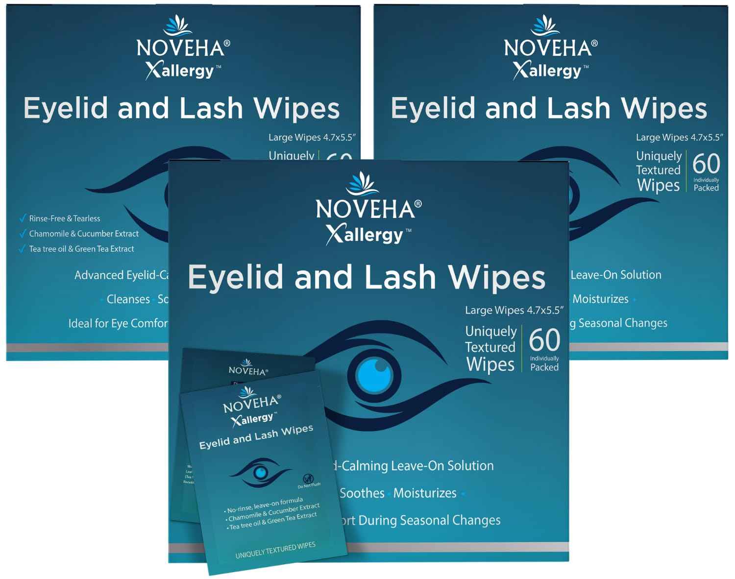 NOVEHA 180Pcs Allergy Relief Eyelid Wipes | Pre-moistened Hypoallergenic Eye Cleansing Pads, Reduce Itchiness, Redness & Discomfort Caused By Allergy, Clean, Soothe & Remove Debris (3 Pack)