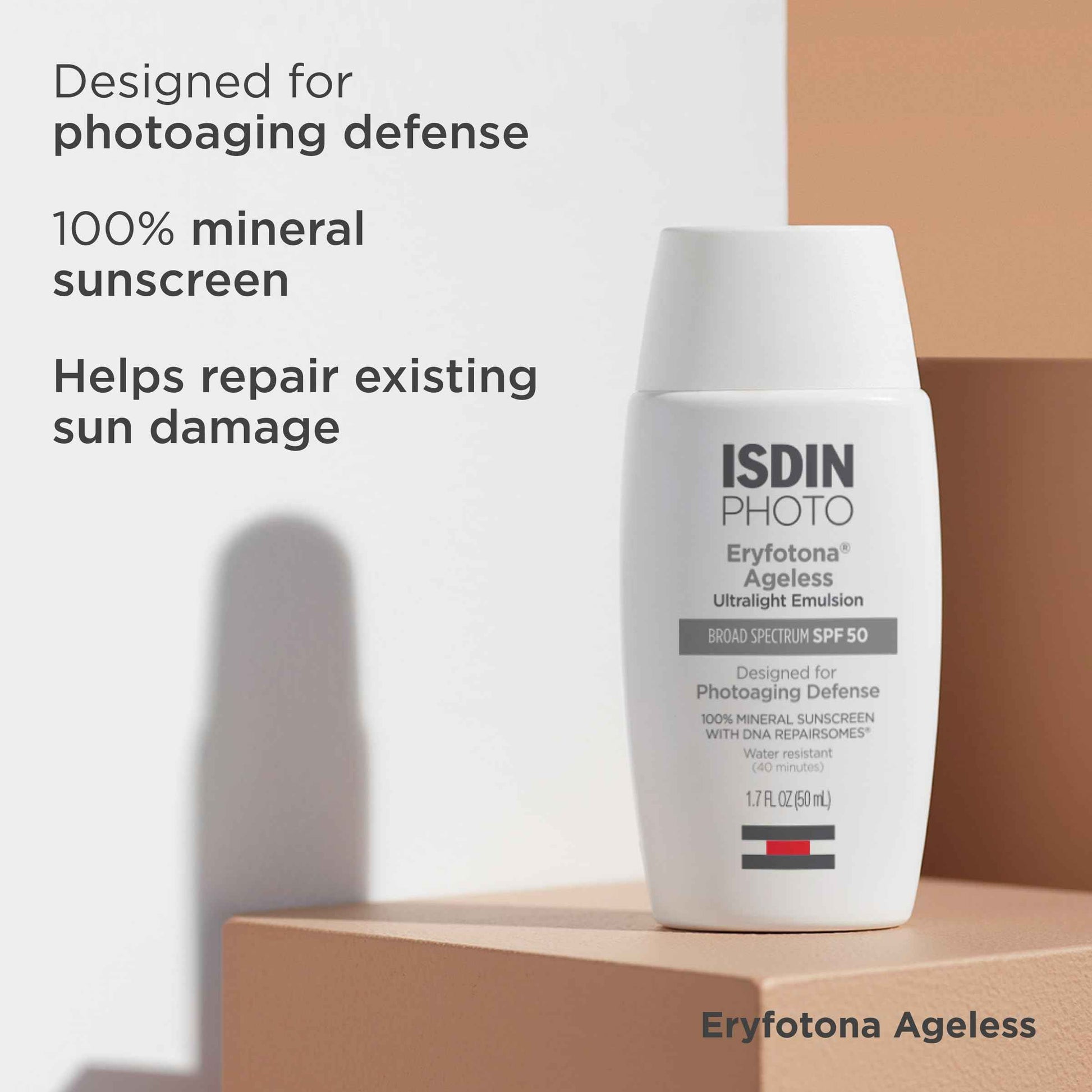 ISDIN Eryfotona Ageless Tinted Mineral Sunscreen for Face, SPF 50 Zinc Oxide Formula Helps Repair Sun Damage, 1.7 Fl.Oz. Travel-Size Tube, Water Resistant and Non-comedogenic