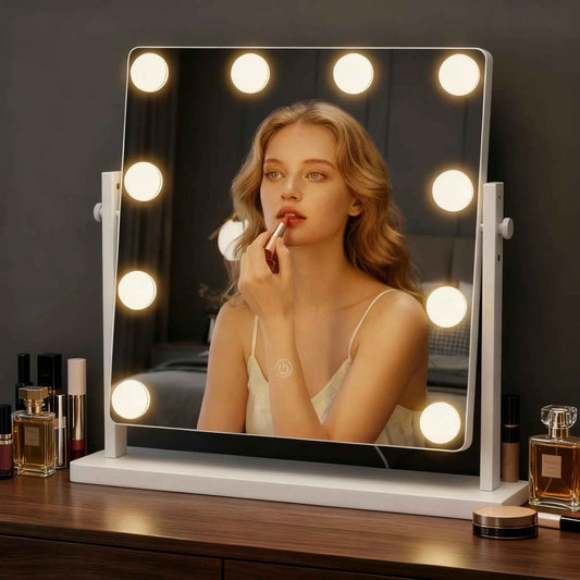 Hollywood Makeup Vanity Mirror with Lights - 10 LED Bulbs 15.7" Lighted Make Up Mirrors Adjustable Height, Touch Screen with 3-Color Lighting, Dimmable, 360° Rotation, for Dorm Desk Tabletop, Bedroom