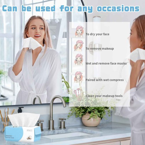 100 Count Disposable Face Towel, Biodegradable Facial Dry Wipes, Super Soft & Thick Face Cloth, Lint-Free Face Towelettes for Sensitive Skincare, Makeup Remover Dry Wipes, Facial Cleansing (6 Pack)
