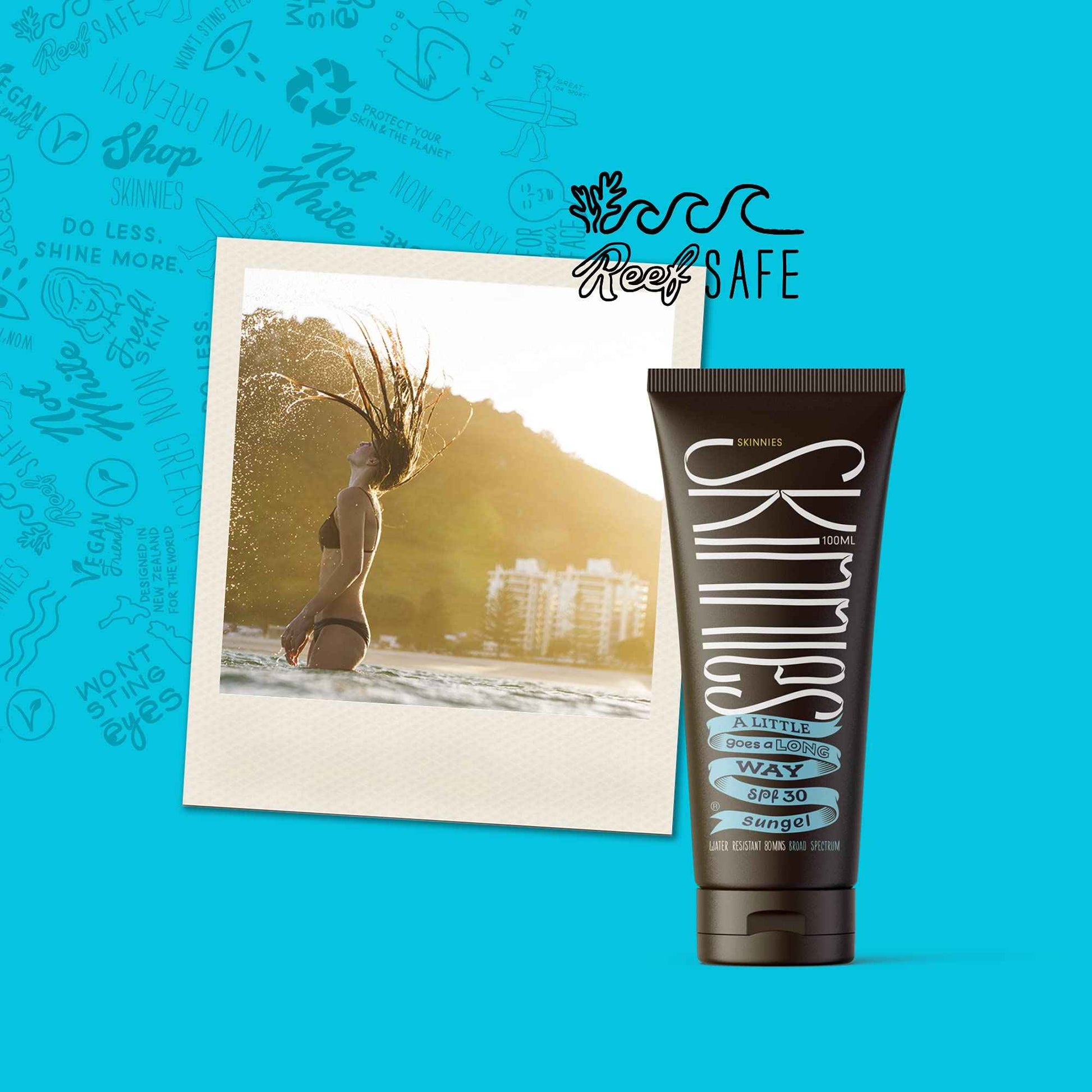 Skinnies Sungel New Formula SPF30 Eco Sunscreen, 3.4oz UVA UVB, Not Diluted With Water, Reef Safe, Vegan, Use Pea Size Blob