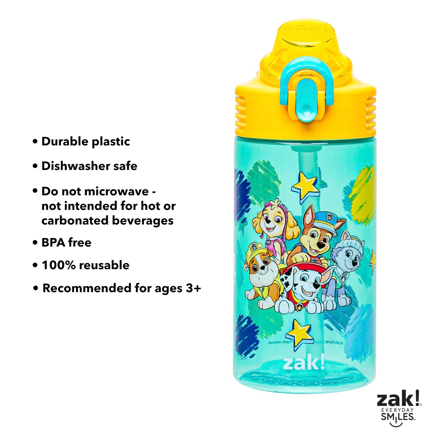 Zak Designs Sage PAW Patrol Water Bottle For School or Travel, 16oz Durable Plastic Water Bottle With Straw, Handle, and Leak-Proof, Pop-Up Spout Cover (Chase, Marshall, Skye, Rubble, Everest)