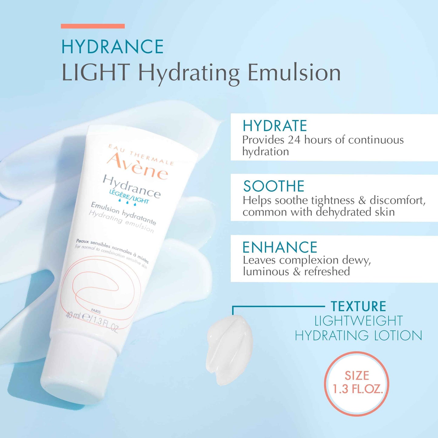 Avène Hydrance LIGHT Hydrating Emulsion, Daily Face Moisturizer Cream, Non-Comedogenic, 1.3 Oz