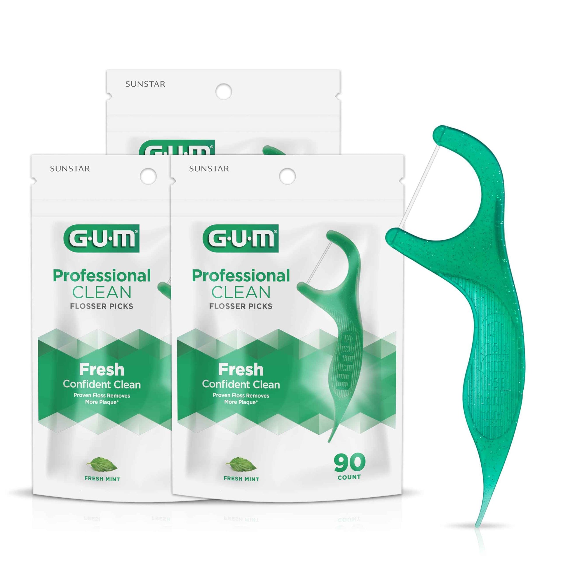GUM Professional Clean Floss Picks - Extra Strong Shred-Resistant Floss, Easy Grip Handle - Dental Flossers for Adults - Fresh Mint Flavor, 90ct (3pk)