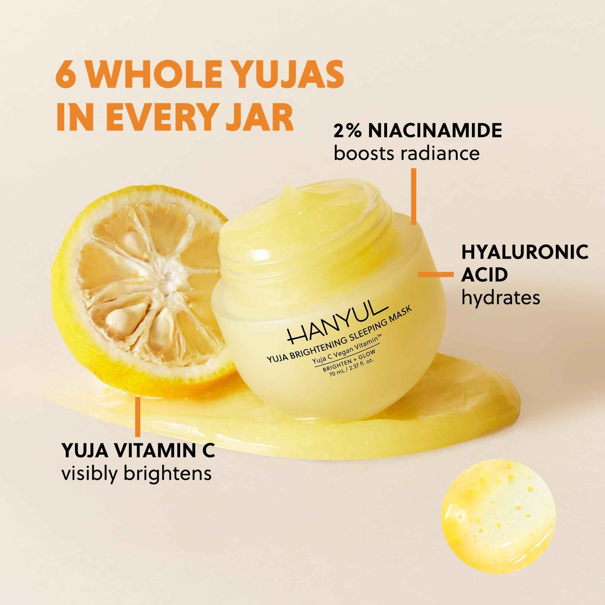 Hanyul Yuja Sleeping Mask | Korean Yuzu Night Cream, Vitamin C for Glow, Radiance, Brightening, Vegan Hydrating Overnight Moisturizer with Hyaluronic Acid, Niacinamide & Antioxidants 2.37 fl. oz.