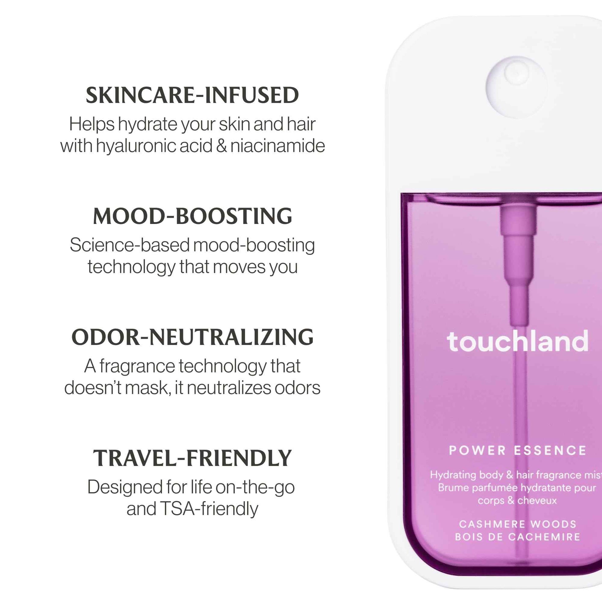 Touchland Power Essence Hydrating Body & Hair Fragrance, SOFT SOLACE DUO (Golden Amber + Cashmere Woods), 2 FL. OZ. Travel Size Body Mist (Set of 2)