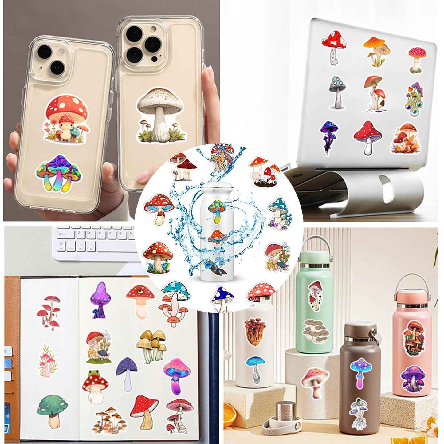 FJHAIY Mushroom Cosmetic Bag & Bracelets Gift Set - 50PCS Mushroom Stickers - Perfect for Women, Travel & Cosmetic Storage