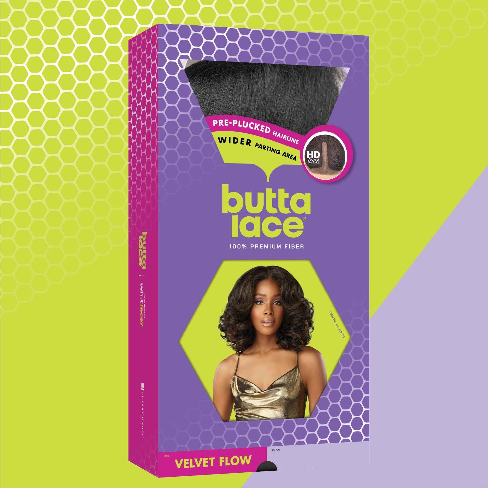 Sensationnel Butta Lace Wigs - Velvet Flow Unit Extra Wide 5 Inch Deep Parting Synthetic Preplucked Hairline Glueless Lacefront (1B OFFBLACK)