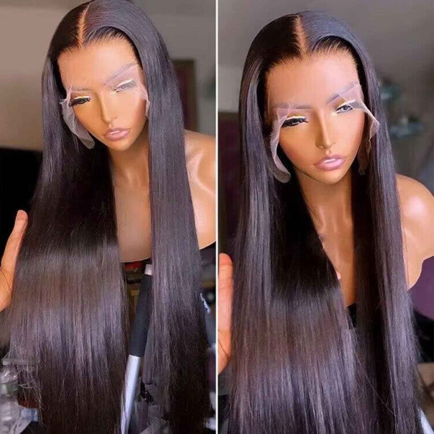 TaBeWay Black Straight Synthetic Lace Front Wig with Adjustable Straps, 24 Inches, Heat Resistant up to 160 Degrees Centigrade