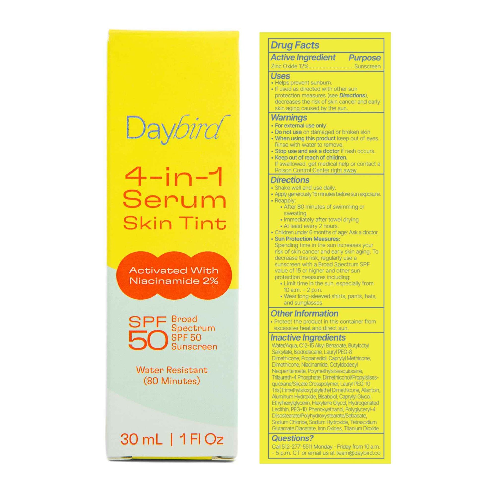 Daybird 4 in 1 Tinted Serum, Tinted Moisturizer and Sunscreen for Face, SPF 50+ Niacinamide, 1 Ounce (light)