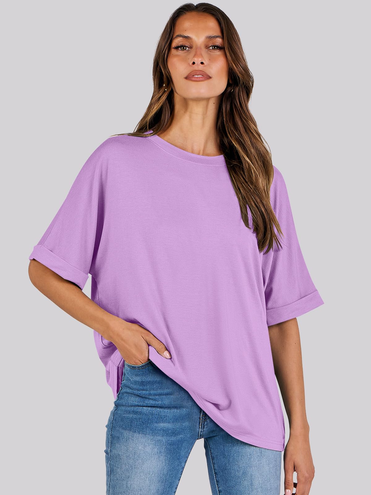 ANRABESS Women's Oversized T Shirts Short Sleeve Crewneck Summer Tops Casual Loose Basic Tee Shirts 2024 Trendy Clothes Lilac Small