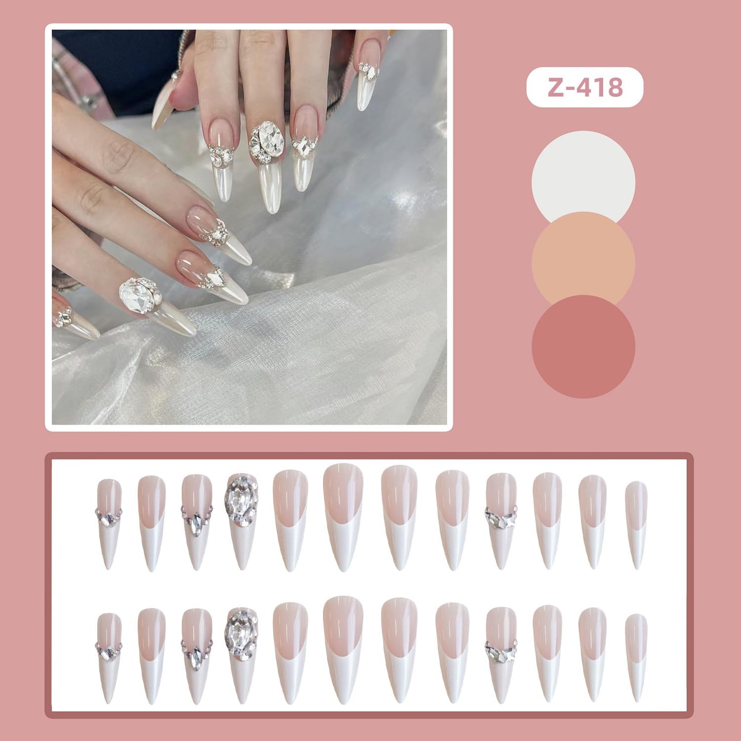 Rilafuvu Press on Nails Almond Fake Nails White Tip Artificial Nails Rhinestones Glue on Nails Glossy Press on Nails Long for Women and Girls 24Pcs