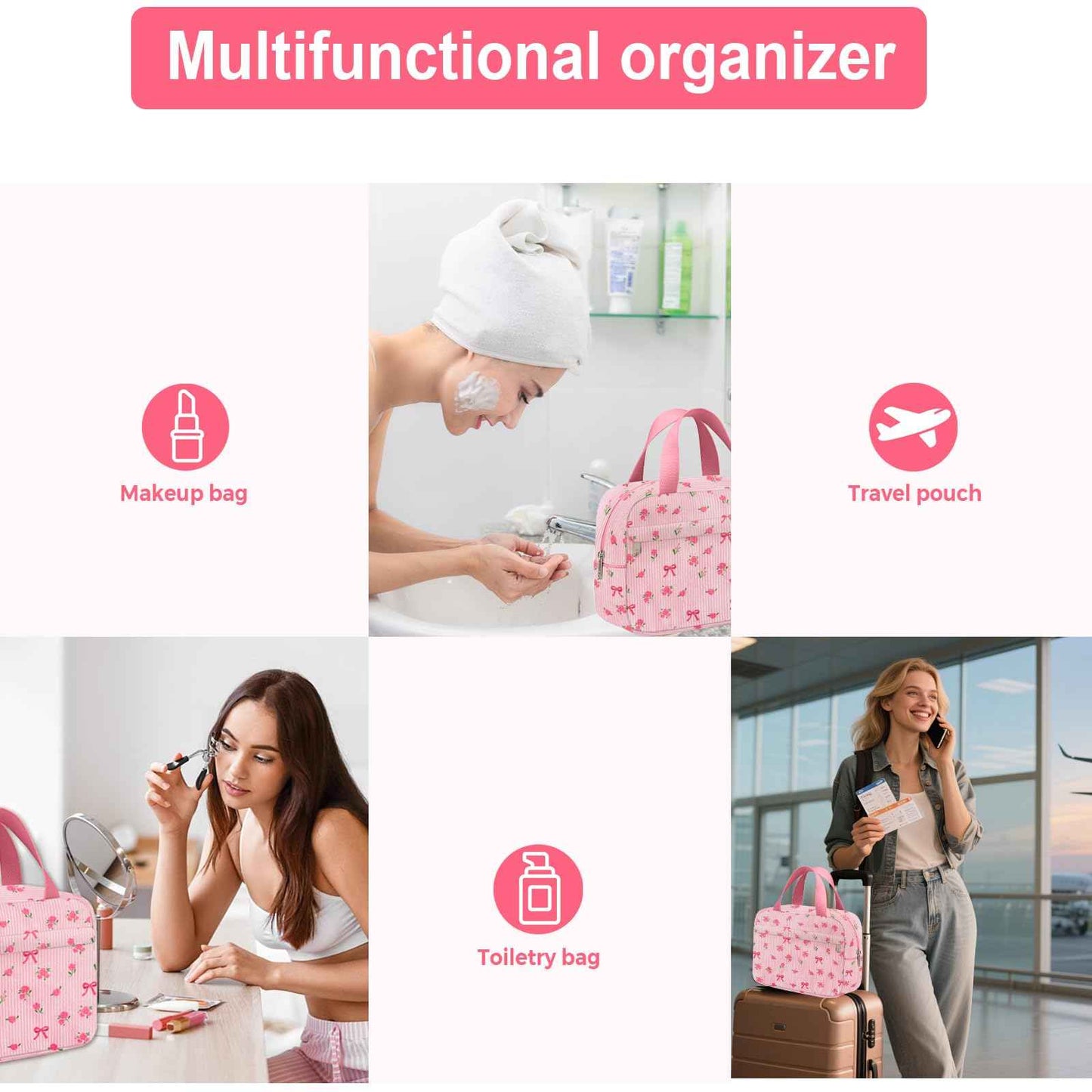 Chicarries Small Makeup Bag for Purse Cute Corduroy Cosmetic Pouch with Zipper Travel Toiletry Bag for Women(Flower bow pink)