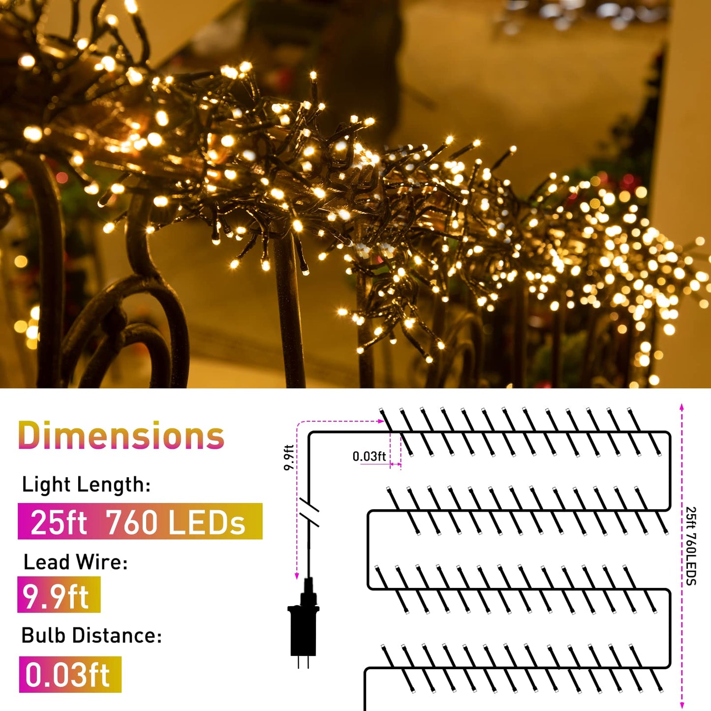 Quntis LED Christmas Cluster Lights, 760 LEDs 25FT Outdoor Waterproof Christmas Firecrackers String Lights, 8 Modes Warm White Christmas Twinkle Fairy Lights Decor for Indoor Xmas Tree Wedding Party