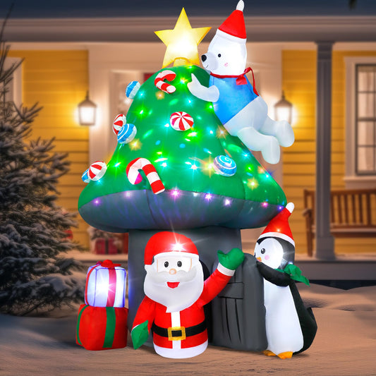 Christmas Inflatable Mushroom House with Santa, Polar Bear & Penguin, 7FT Blow Up Outdoor Decoration with Colorful Rotating Light, Christmas Mushroom Tree & Gift Boxes for Xmas Party Yard Lawn Outside