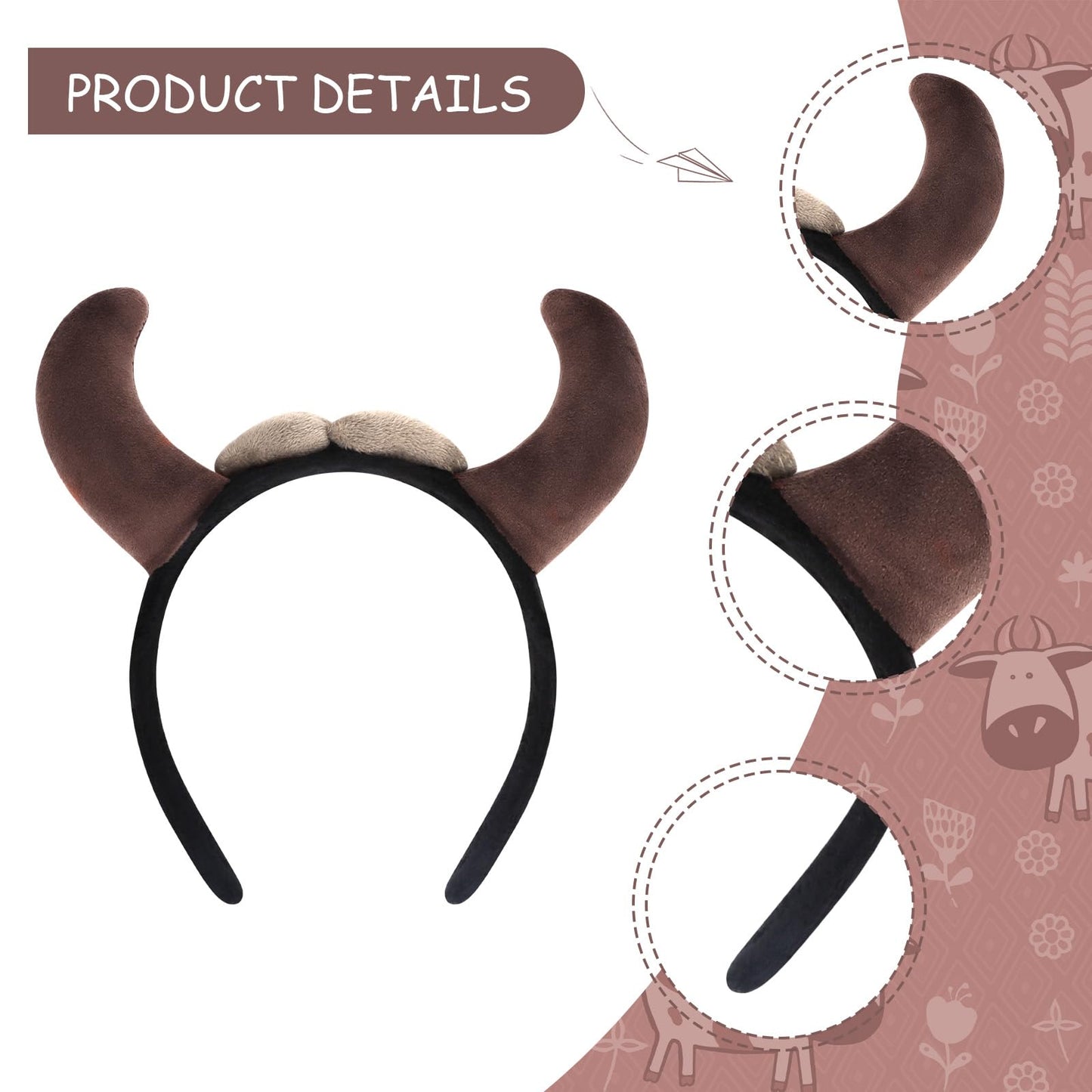 GAFATORY Bull Headband Horns Headband for Custome Cute Headband of Ox Hairband for Halloween Christmas Gifts Funny Headband Animal Ears Headband for Fun Animal Accessories Brown Cow Ears