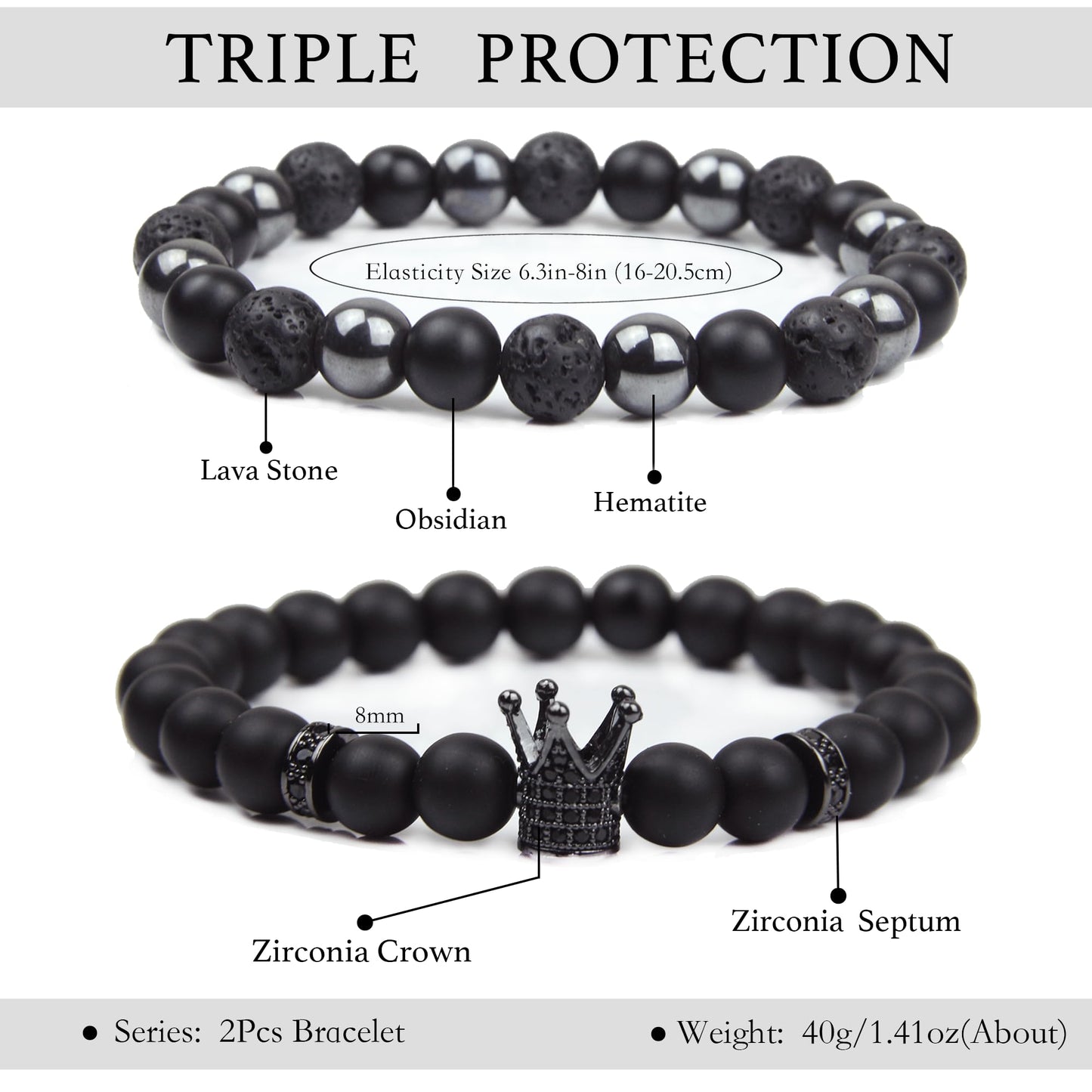 Black Obsidian Bracelet - Crown Bracelet - Tourmaline Beaded Bracelets, 8MM Black Onyx Hematite Lava Stone Beads Triple Protection Bracelet for Men Women Gifts