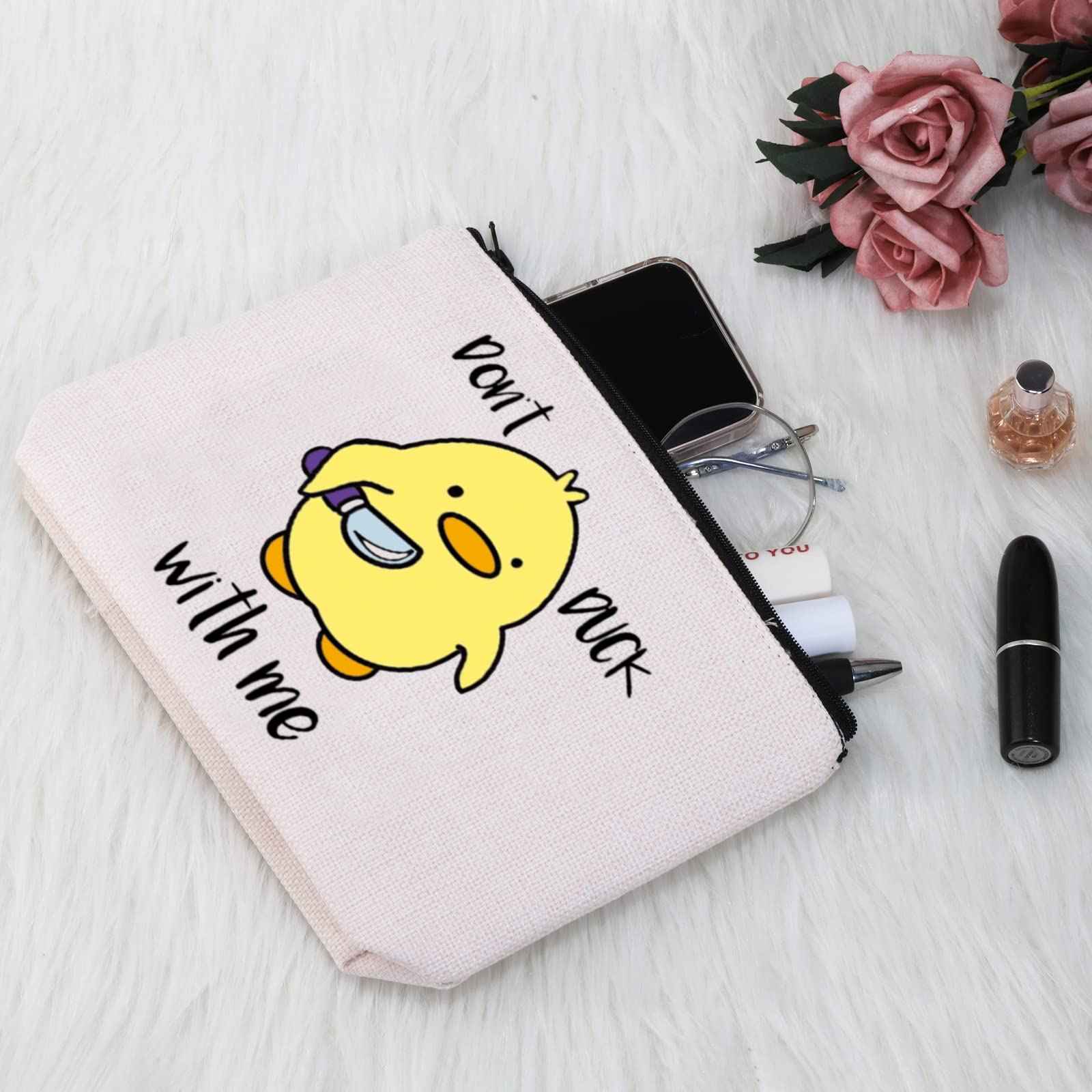 G2TUP Duck Lover Gift Don't Duck With Me Yellow Duck Makeup Bag Duck Owner Cosmetic Bag Ducks Mom Gift Animal Lover Gift Travel Bag with Zipper (Duck With Me White Bag)
