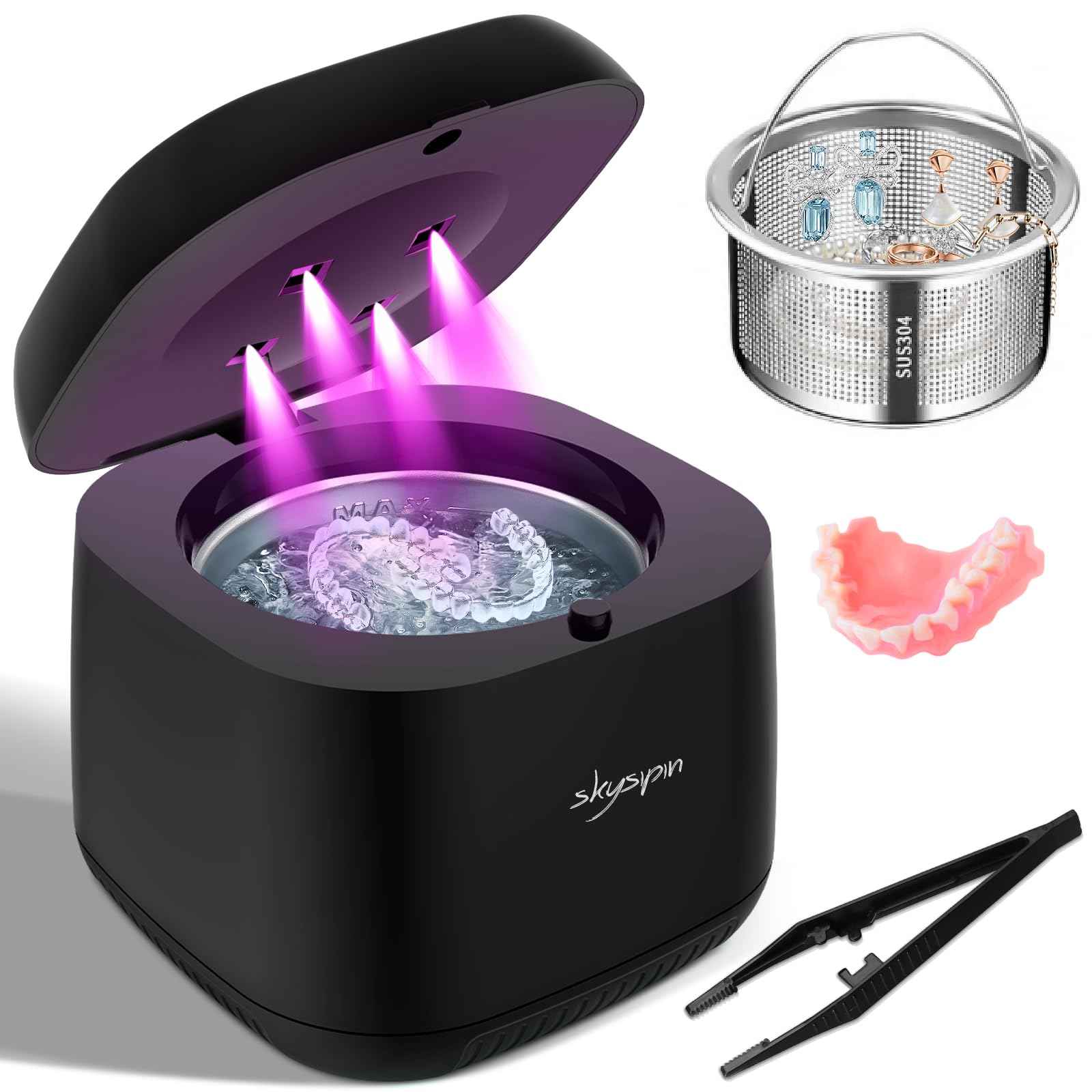Skysipin Ultrasonic Retainer Cleaner Machine U-V, 45KHz 2 Modes Quiet, Denture Aligner Cleaner Mouth Guard Dental Cleaning Ultrasonic for All Dental Appliances, Jewelry 6.8oz Black
