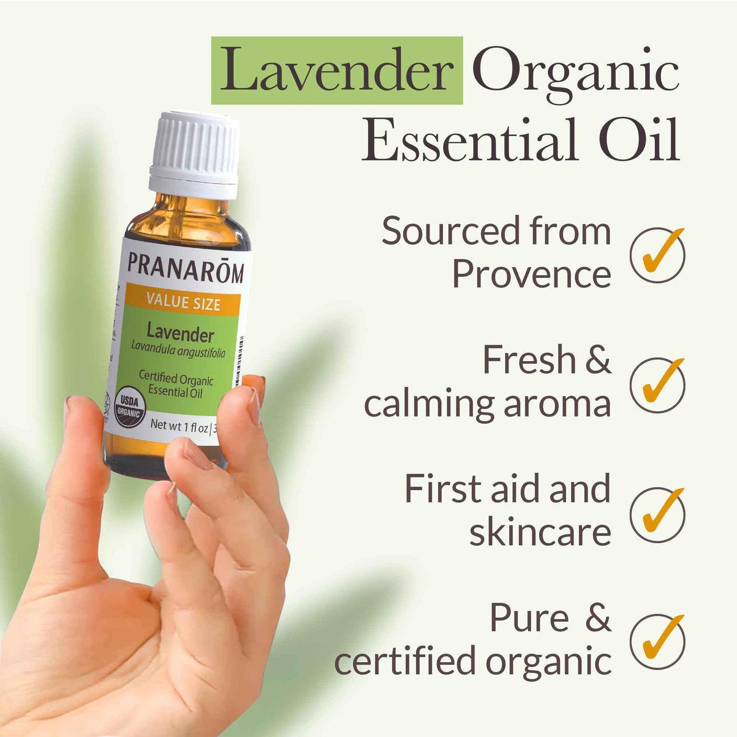 Pranarom USDA Certified Organic Lavender Essential Oil (30ml), 100% Pure Undiluted Therapeutic Grade from French Alps for Aromatherapy, Diffuser, Healthy Skin & Hair, Massage, Relaxation