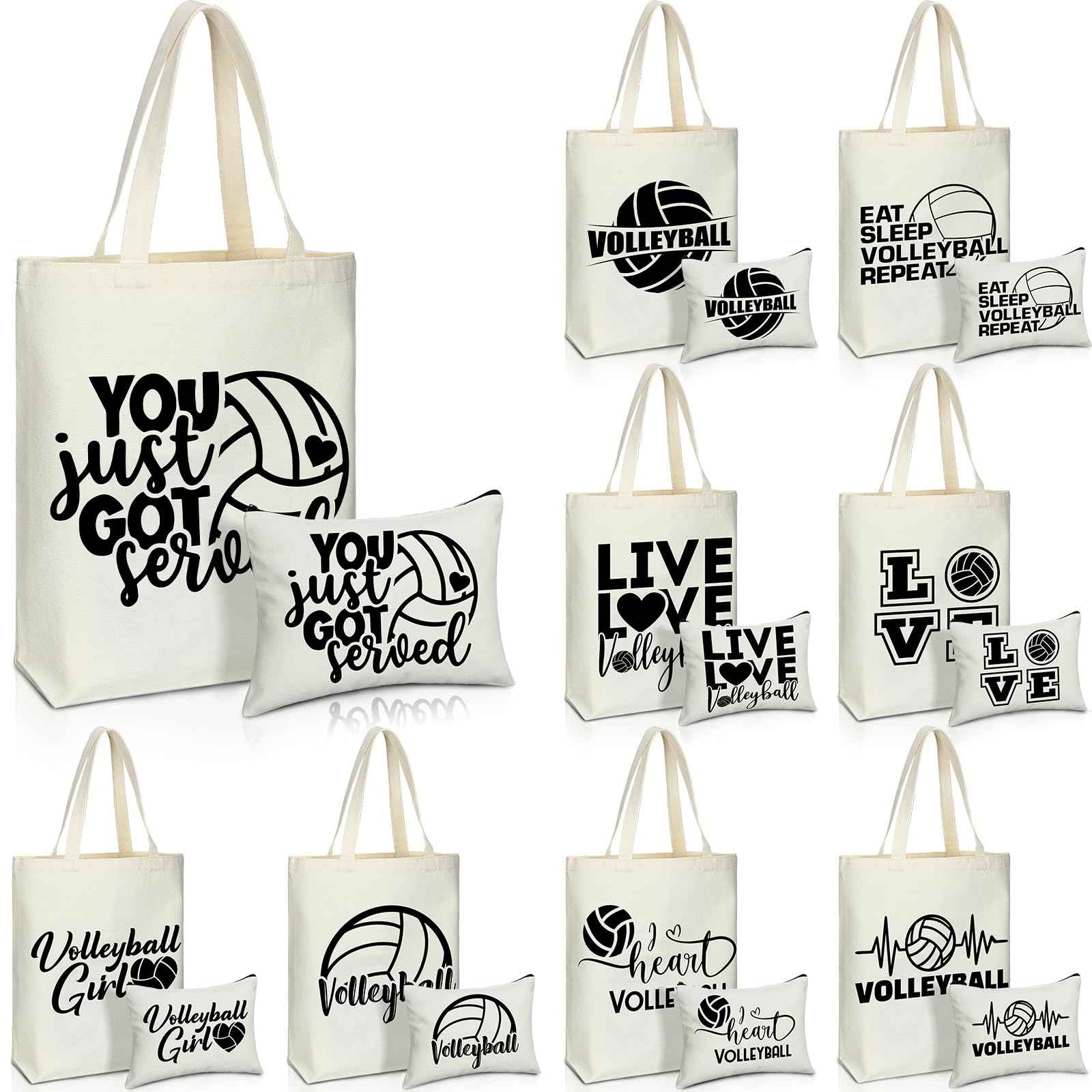 Huhumy 18 Pcs Volleyball Basketball Gifts for Women Cosmetic Bag Canvas Tote Bags Set for Teen Makeup Travel Players Teams(Volleyball)