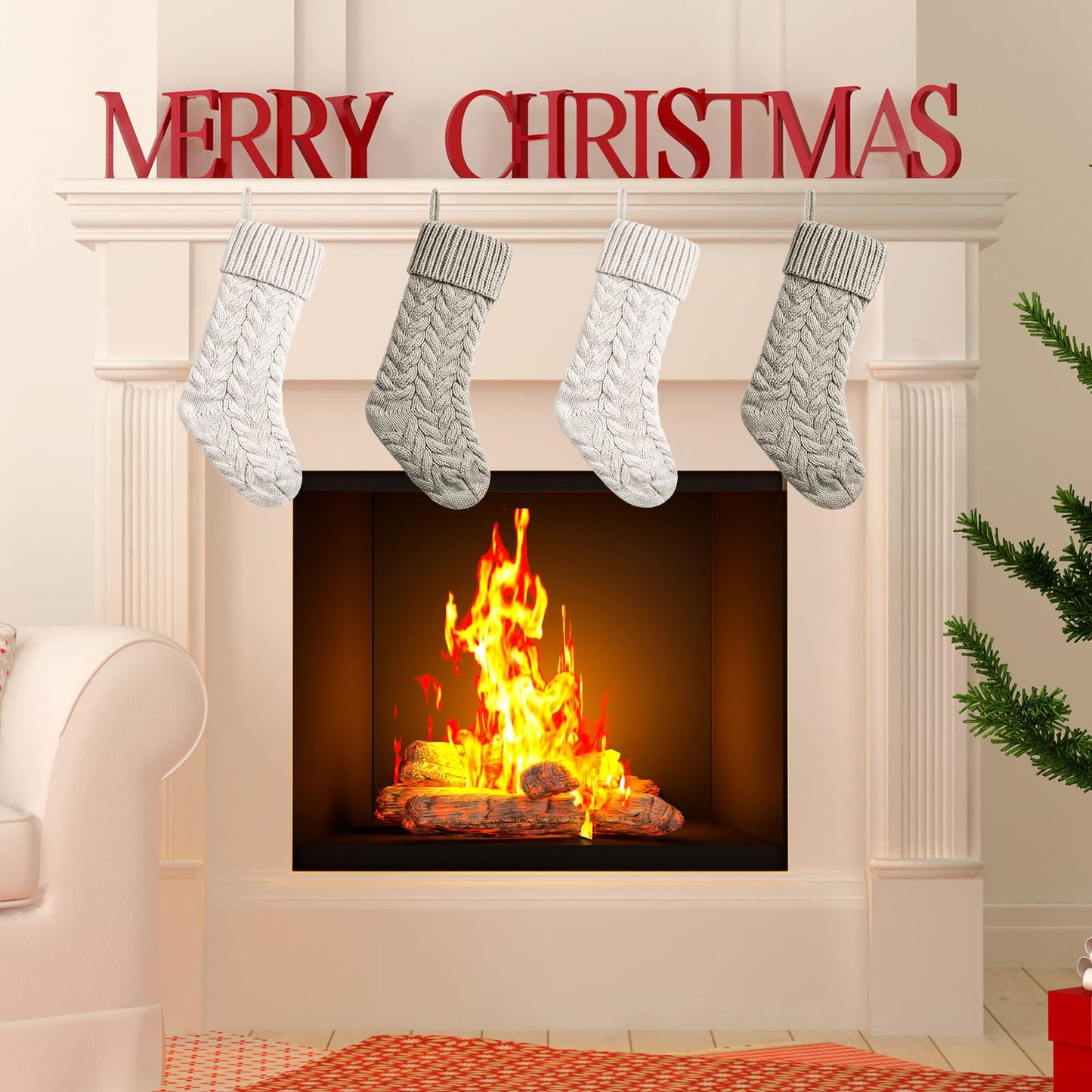 18 Inches Christmas Stockings Knit Xmas Stockings Large Fireplace Hanging Stockings for Family Christmas Decoration (Ivory,Khaki, 4)