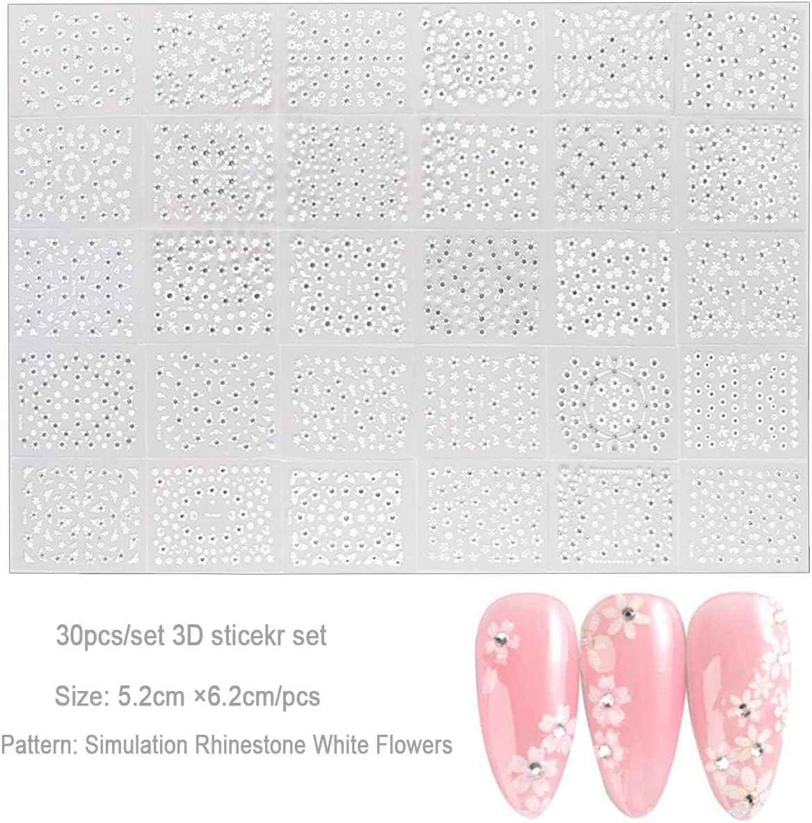 White Flower Nail Art Stickers White Flower with Rhinestones Nail Decals 3D Self Adhesive Nail Stickers Nail Art Designs Flowers Sticker for Nails Decorations 30 Sheets
