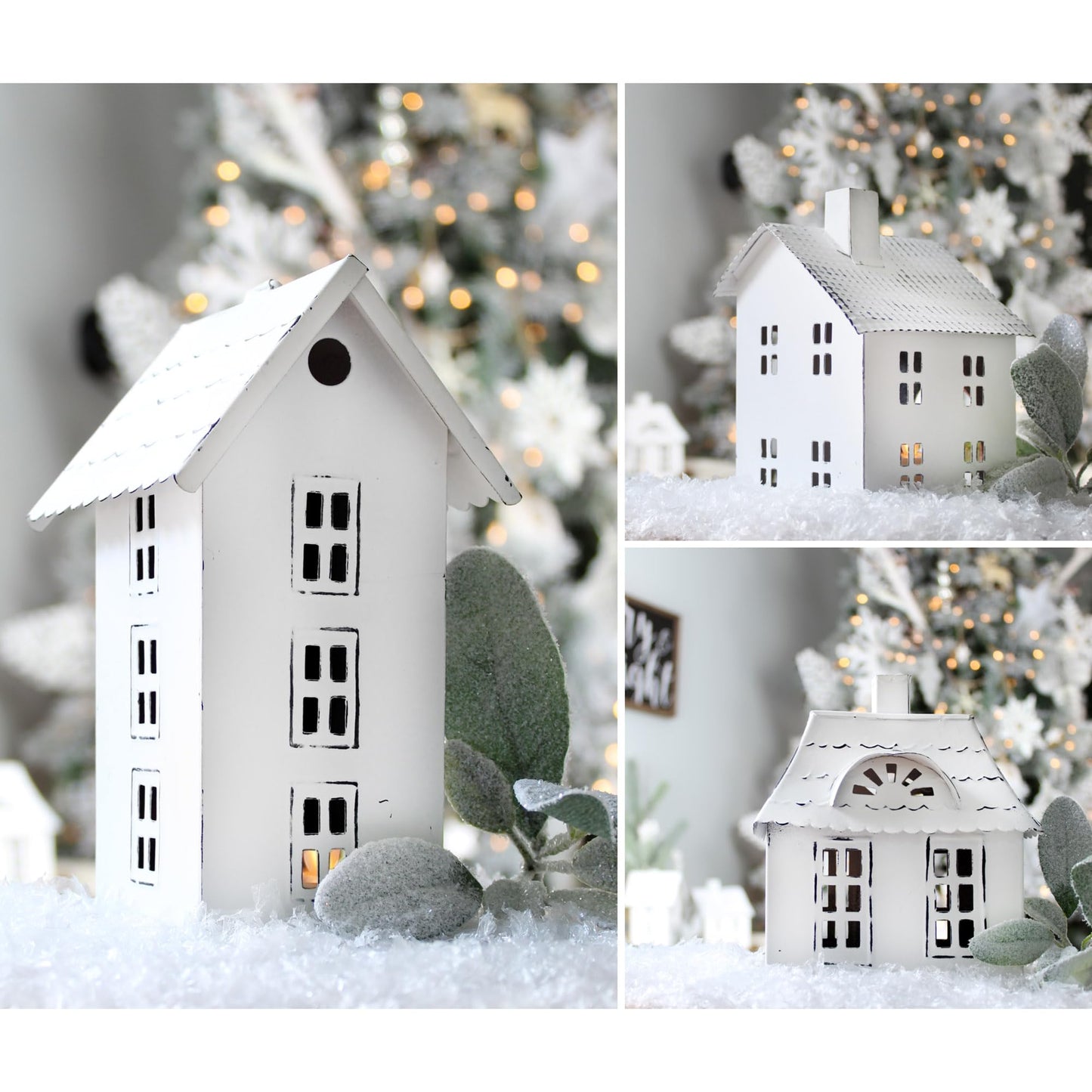 AuldHome Farmhouse Decor Tin Houses (Set of 3, White); Candle Lantern Decorative Holiday Christmas Village Display or Votive Holder