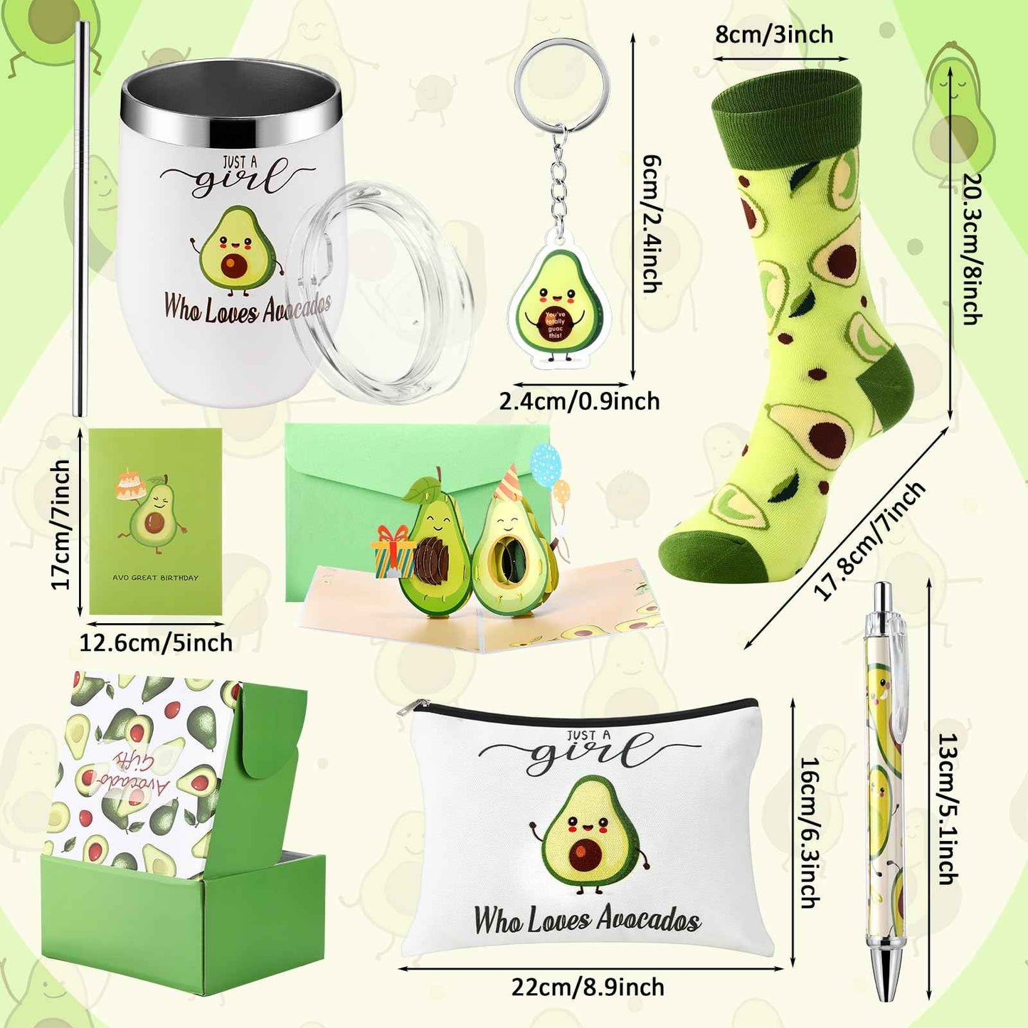 Singhoow 6 Pcs Funny Gift Baskets for Women Girls Pickle Avocado Socks with Vegetable Animals Makeup Bag Insulated Tumbler Keychain Greeting Card Pen for Christmas Birthday Party(Avocados)
