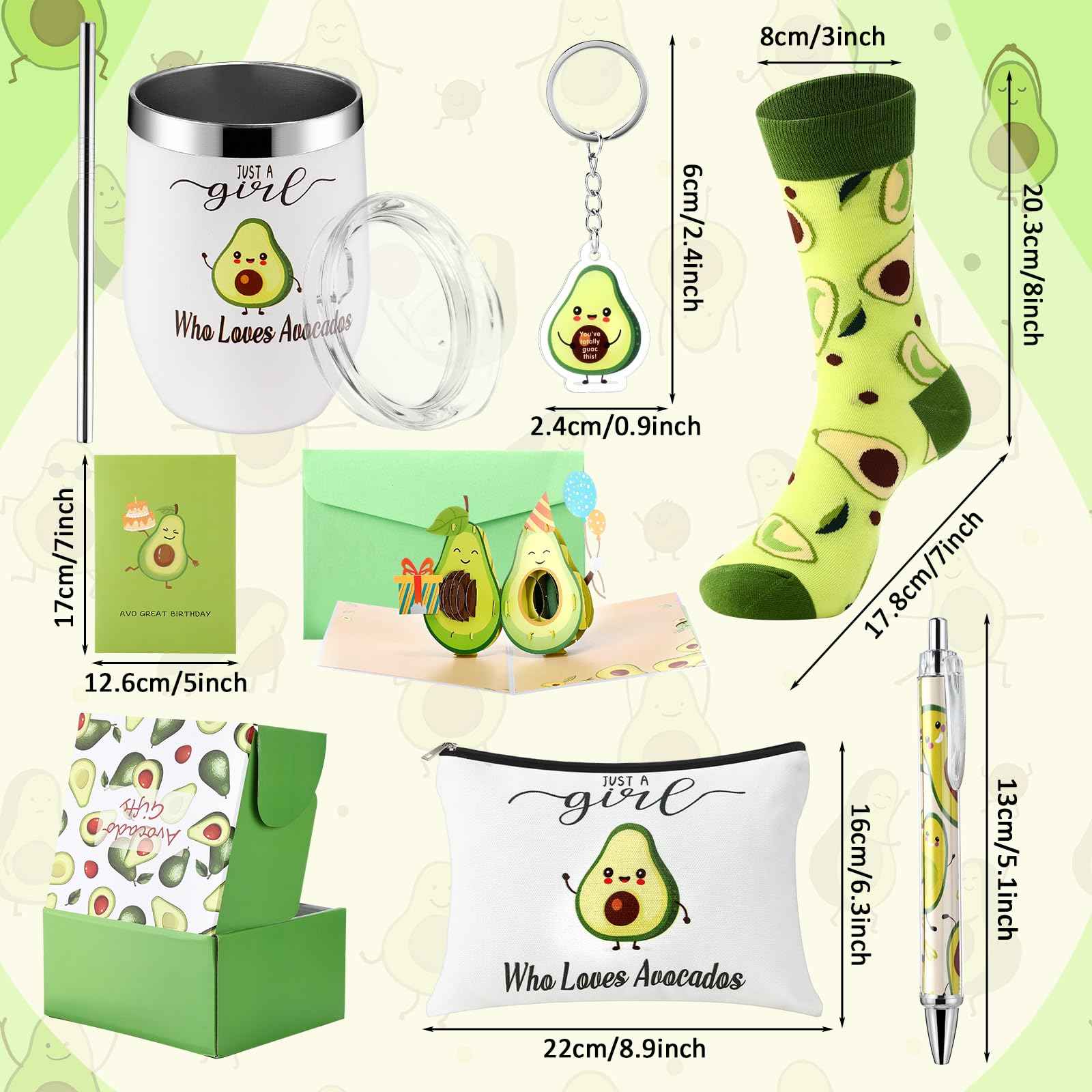 Singhoow 6 Pcs Funny Gift Baskets for Women Girls Pickle Avocado Socks with Vegetable Animals Makeup Bag Insulated Tumbler Keychain Greeting Card Pen for Christmas Birthday Party(Avocados)