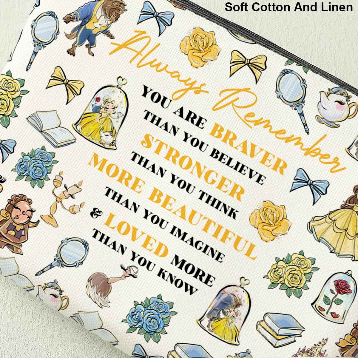 Magical Beauty Makeup Bag Inspired Fairy Tales Character Christmas Birthday Friendship Gifts for Women Girls Best Friend Granddaughter Magic Inspirational Braver Stronger Beautiful Cosmetic Bag