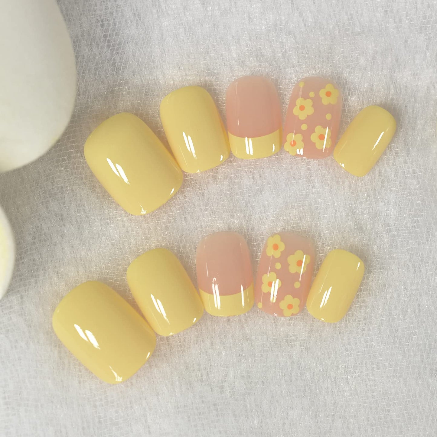 ELEVENAIL Light Yellow Flower French Press on False Nails Short Squoval Salon DIY Manicure Reusable Fake Acrylic Nail Art Tips Gifts for Daily Office Party Home