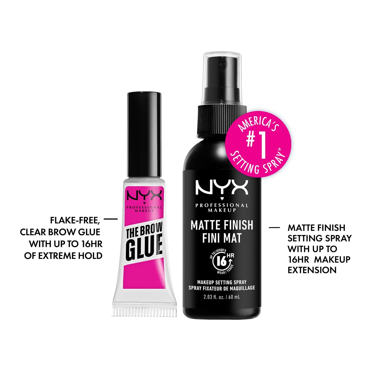 NYX PROFESSIONAL MAKEUP The Brow Glue, Extreme Hold Eyebrow Gel, Clear + Makeup Setting Spray, Matte Finish (2-Pack Bundle)