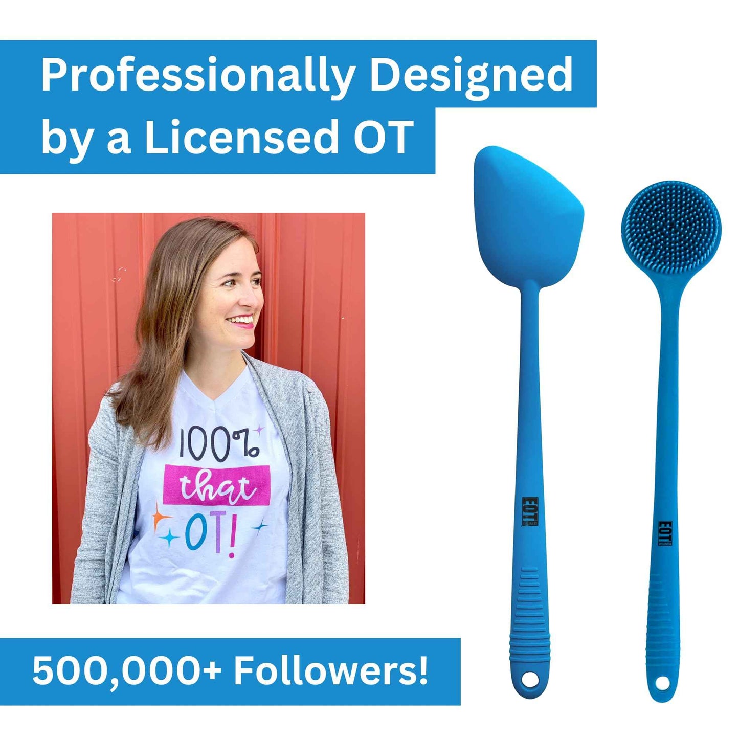 EOT Wellness Bendable Long Handled Silicone Back & Scalp Scrubber & Lotion Applicator for Back Bundle (Blue)