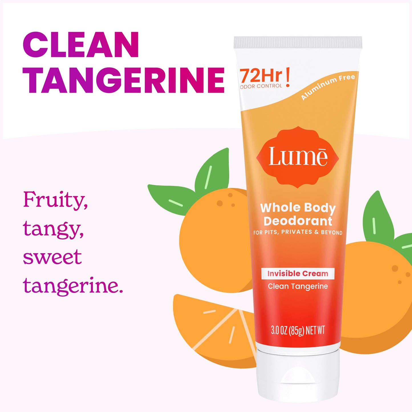 Lume Whole Body Deodorant - Invisible Cream Tube - 72 Hour Odor Control - Aluminum Free, Baking Soda Free, Skin Safe - 3.0 ounce (Pack of 2) (Clean Tangerine)