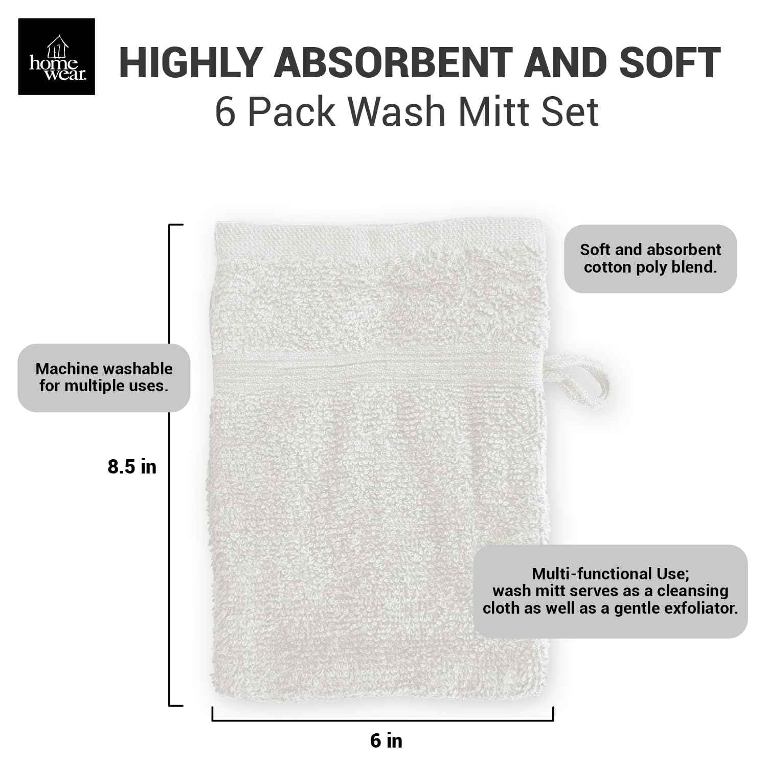 Homewear High Rise Stripe 6 Pack 6 x 8.5 Wash Mitt Set, Low Twist, Highly Absorbent, Gentle Hand and Face Cloth, European Style with Loop, White